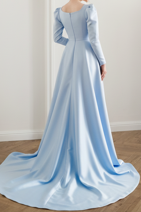 Square Neck Satin Evening Gown with Overskirt