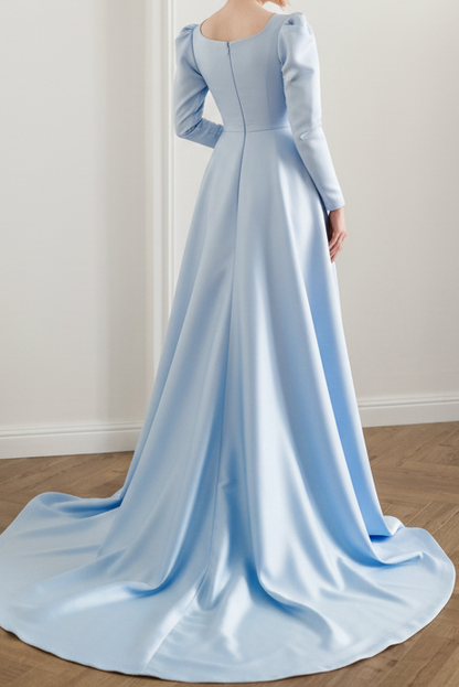 Square Neck Satin Evening Gown with Overskirt