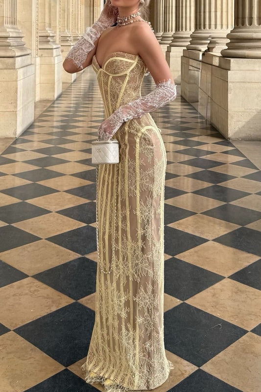 Lace Corset Column Evening Dress with Lace-Up Back
