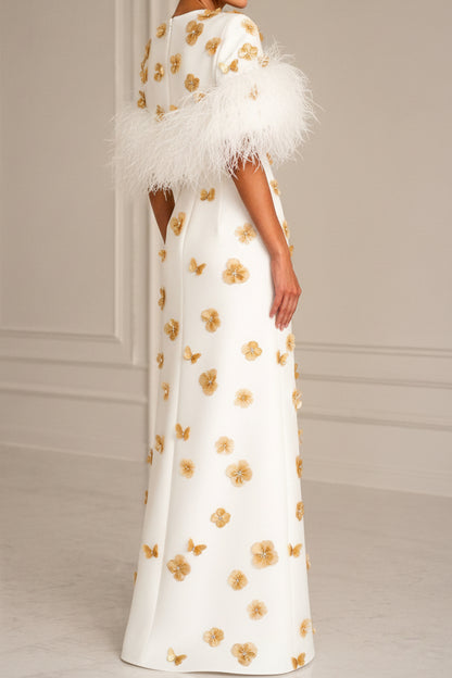 Feather-Trim Gown with 3D Floral and Butterfly Appliques