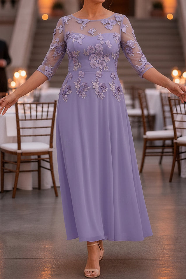 Floral Applique Illusion 3/4 Sleeve Tea-Length Dress