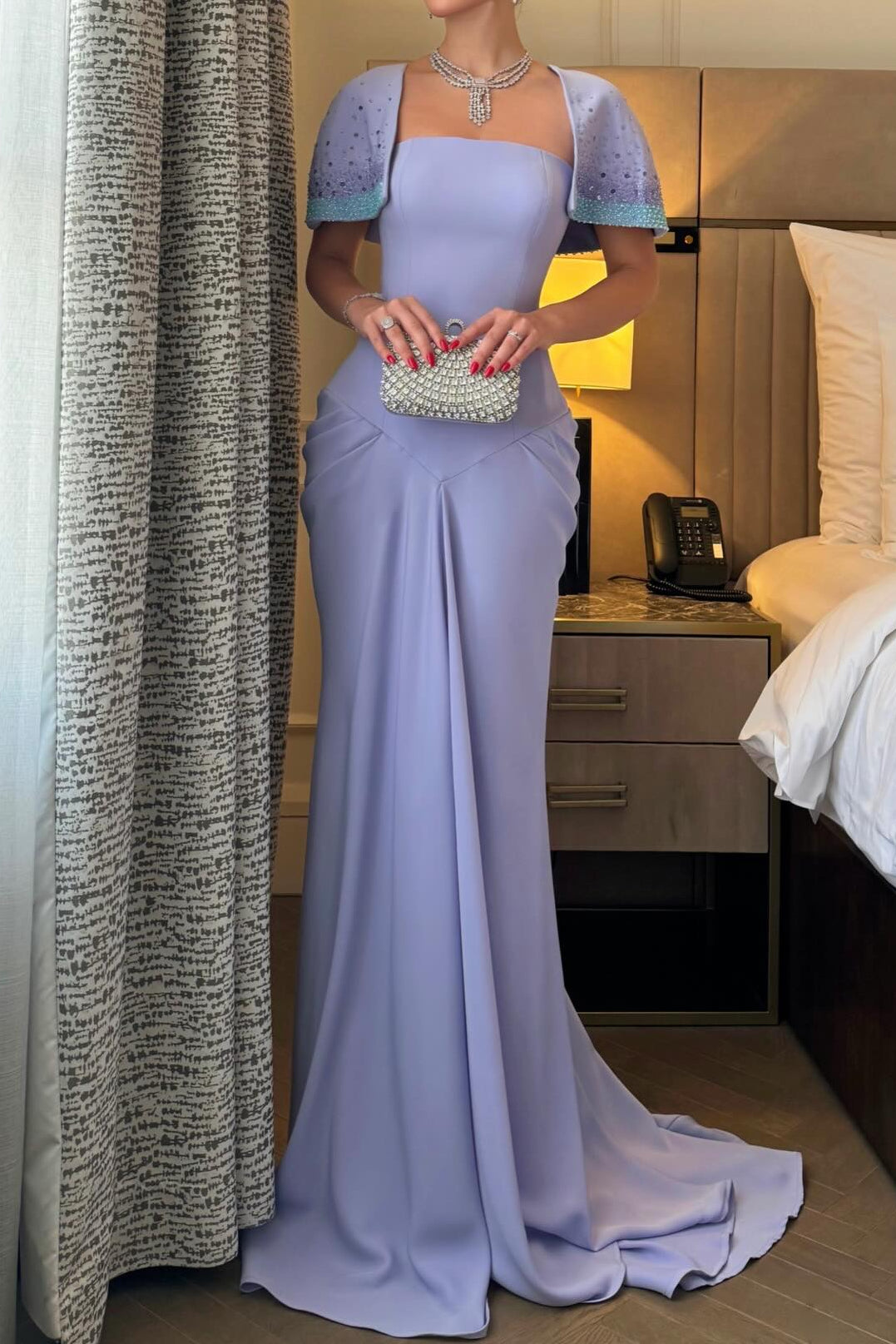 Strapless Column Evening Gown with Beaded Capelet