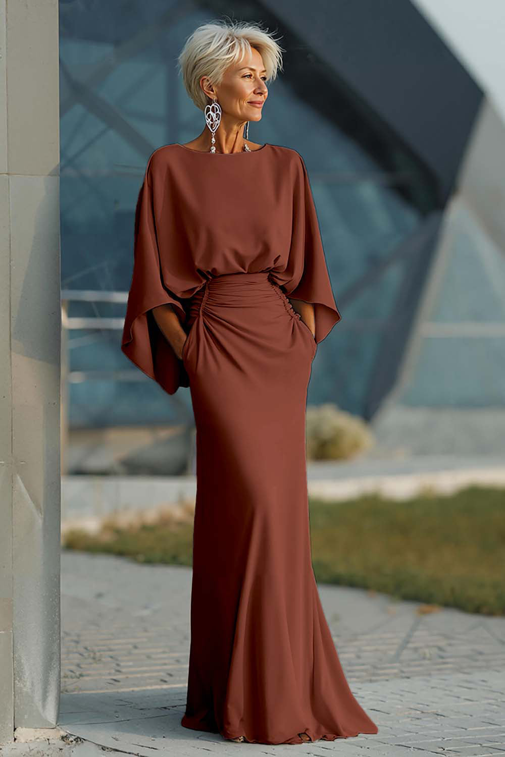 Elegant Ruched Evening Gown with Cape Sleeves