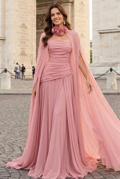 Strapless Ruched Gown with Chiffon Cape