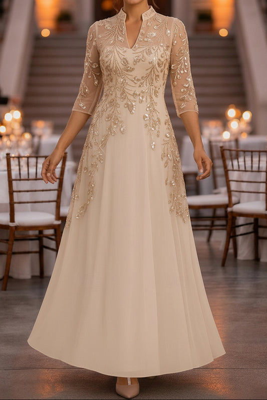 Sequin Illusion Sleeve A-Line Formal Evening Dress
