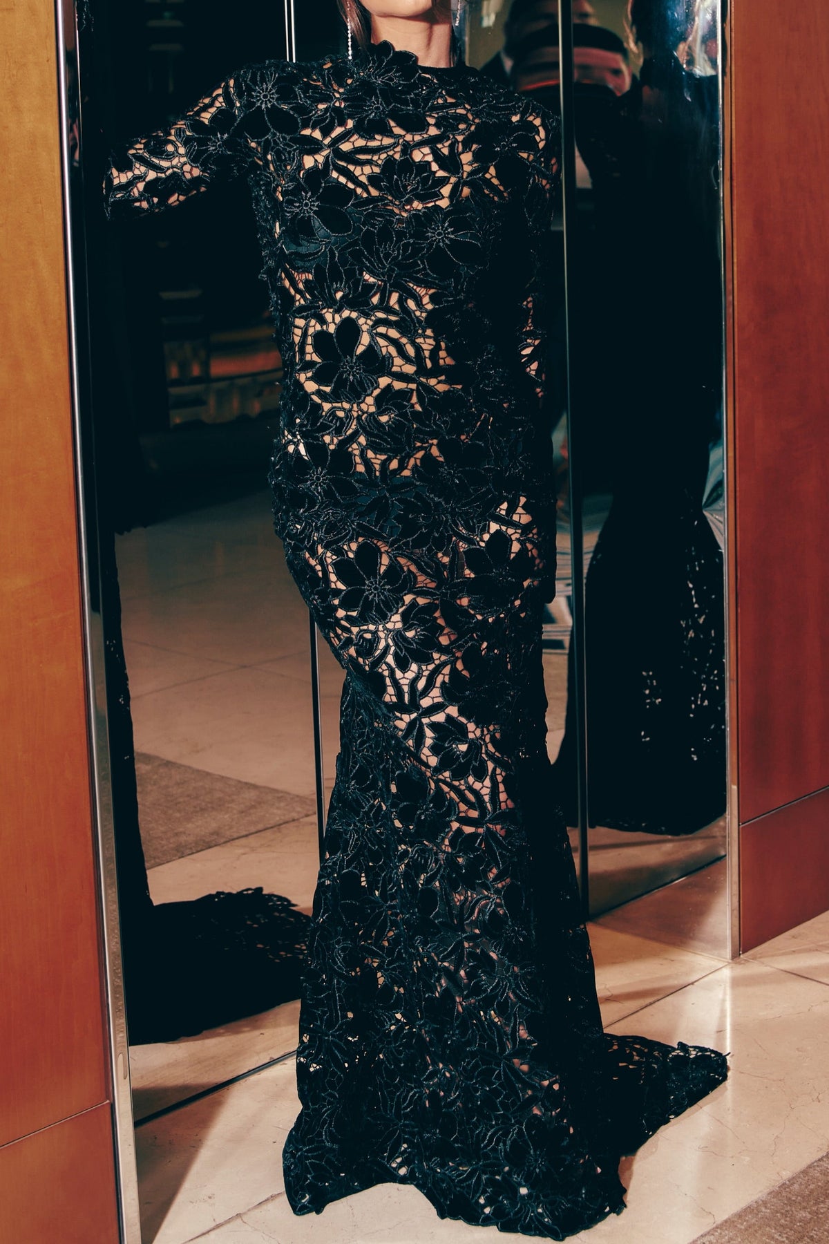 Backless Floral Lace Long Sleeve Evening Gown