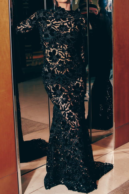 Backless Floral Lace Long Sleeve Evening Gown