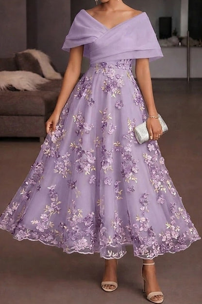 Off-Shoulder 3D Floral Tea-Length Evening Dress