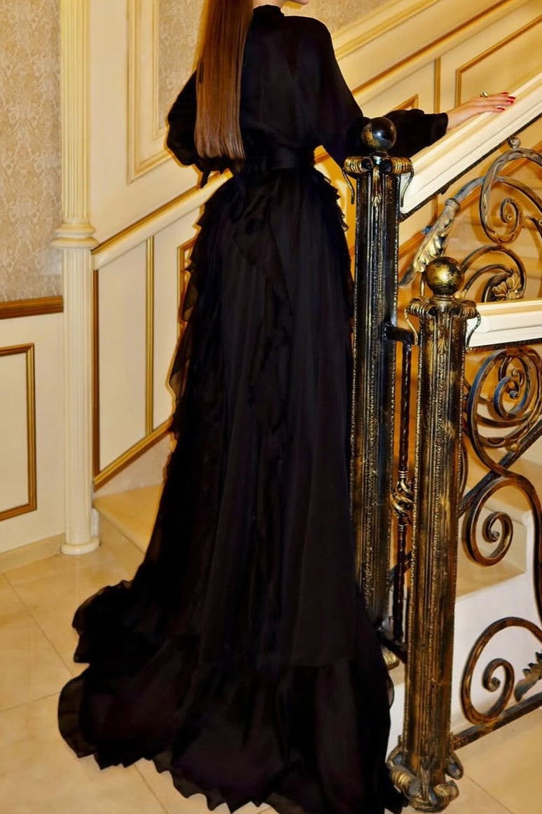 Pleated High Neck Maxi Dress with Ruffles