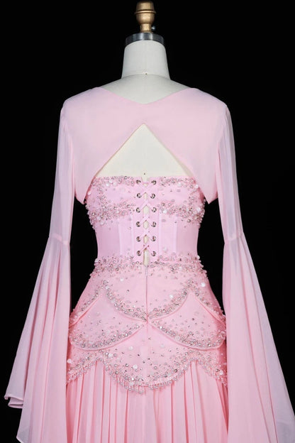Beaded Corset Evening Gown with Bell Sleeves