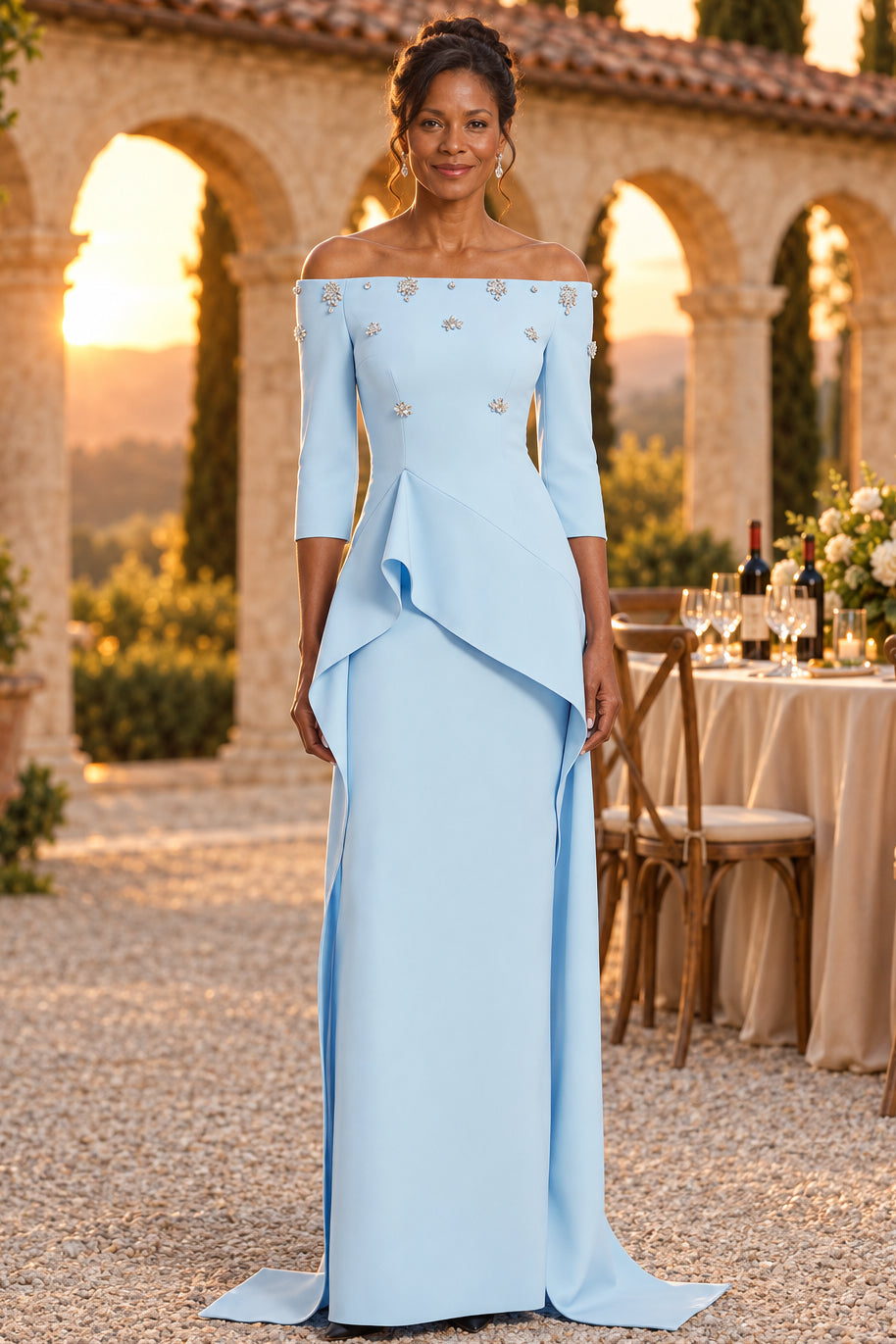Off-the-Shoulder Beaded Column Gown with Cascading Peplum