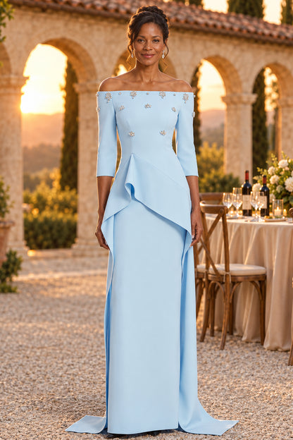 Off-the-Shoulder Beaded Column Gown with Cascading Peplum