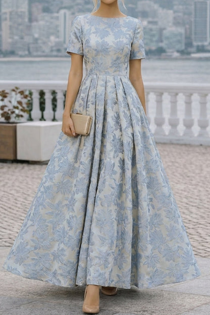Floral Jacquard Bateau Neck A-Line Formal Dress