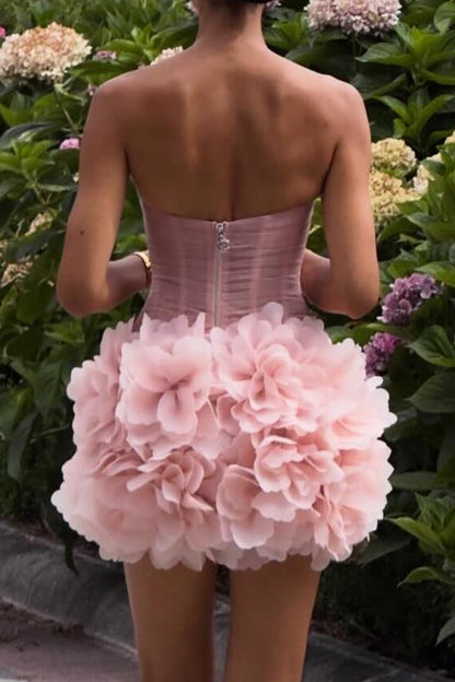 Strapless Corset Mini Dress with 3D Flower Skirt