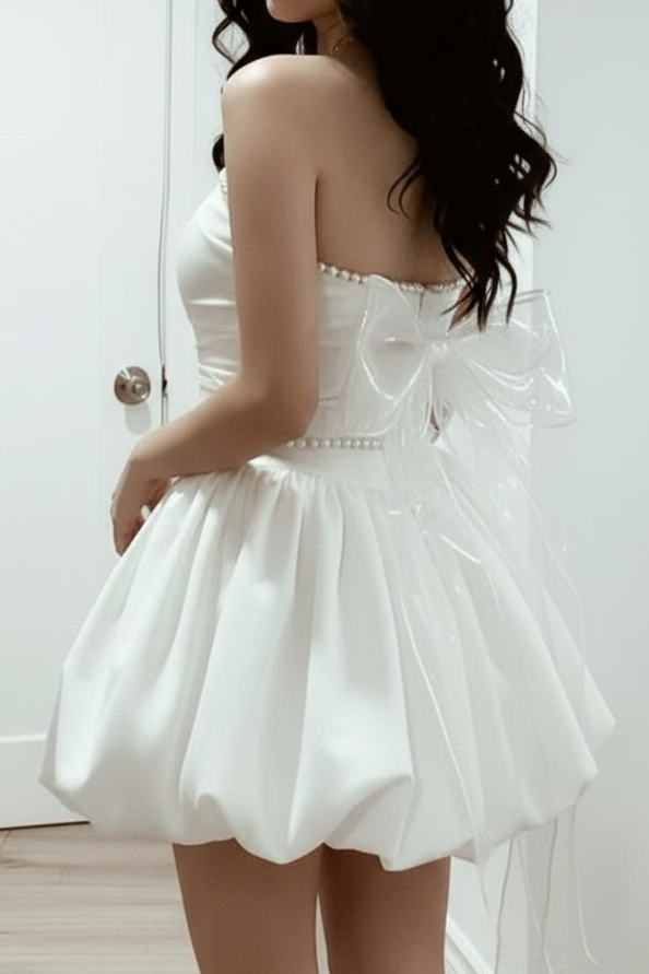 Strapless Pearl-Trim Satin Bubble Skirt Mini Dress