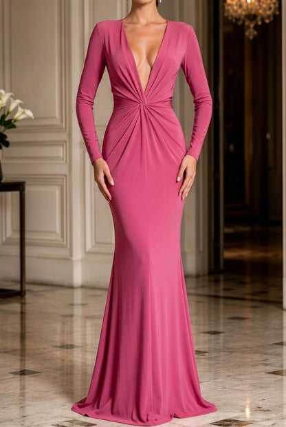 Deep V-Neck Twist Front Long Sleeve Evening Gown