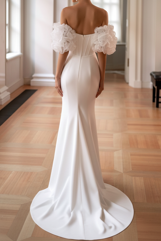 Off-the-Shoulder Corset Wedding Dress with High Slit