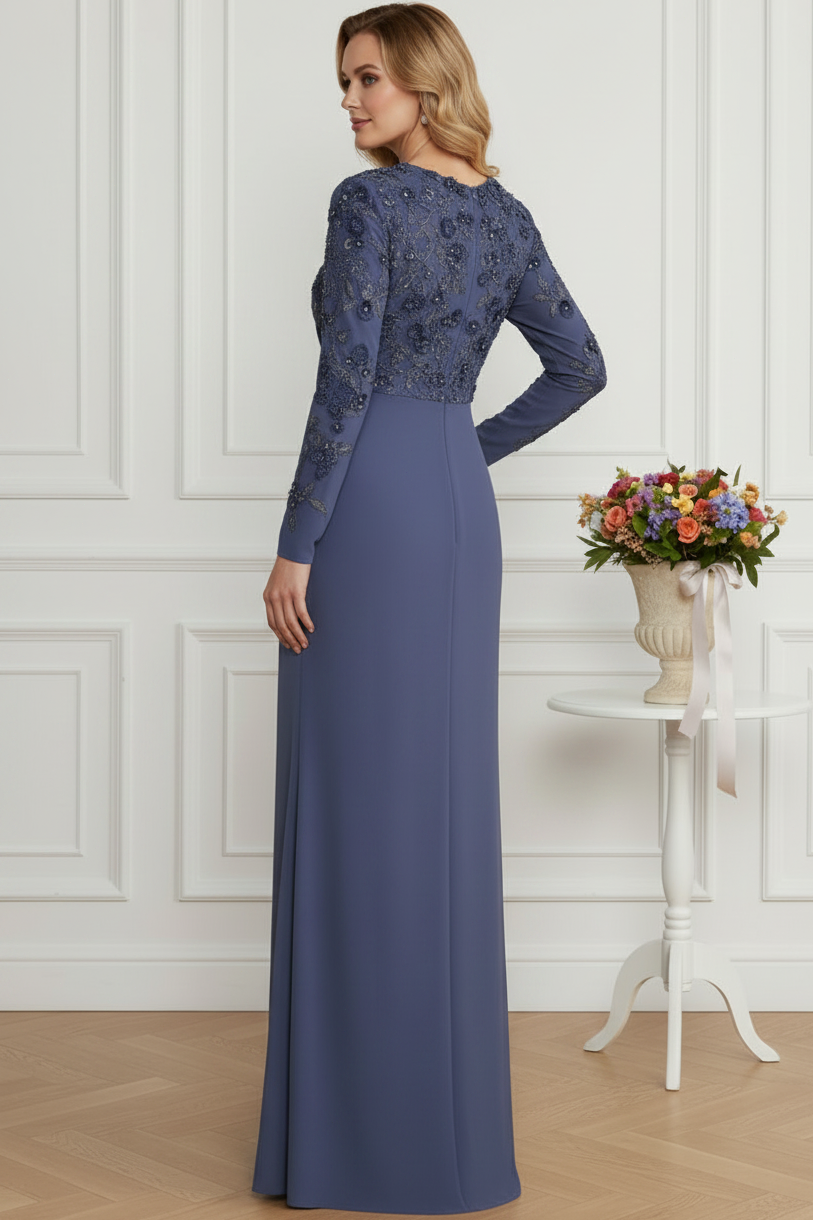 Long Sleeve Crepe Gown with Beaded Floral Applique