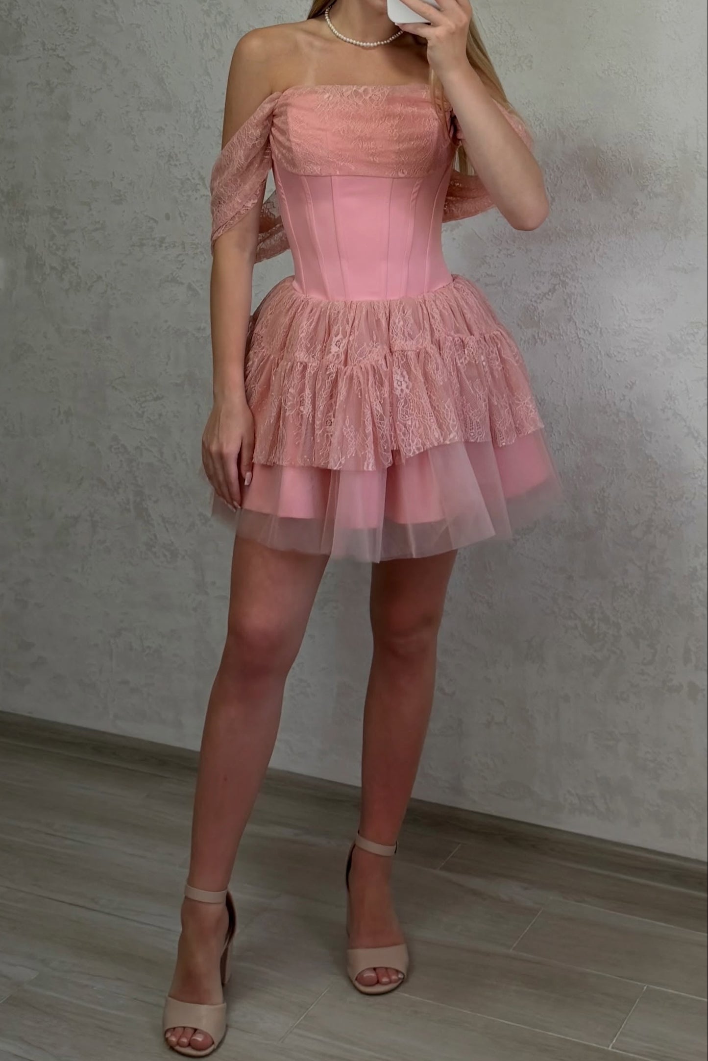 Off-Shoulder Corset Mini Dress with Tiered Tulle Skirt