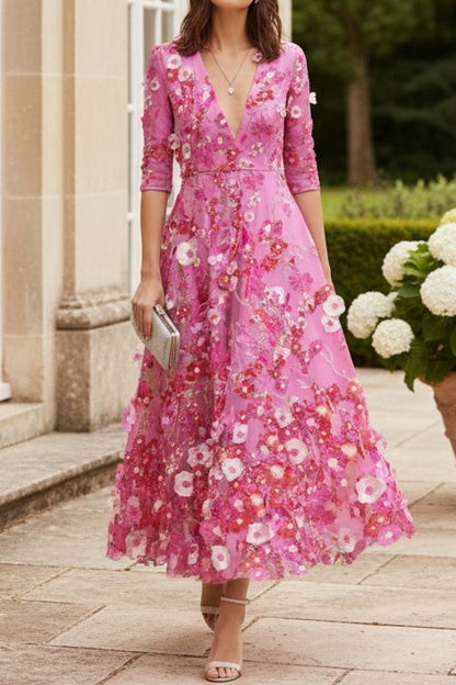 Floral Embroidered Deep V-Neck Midi Dress with Pockets