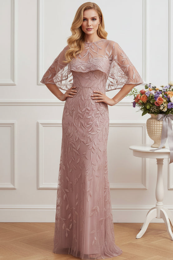 Sequined Leaf Sheath Evening Dress with Cape