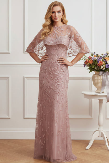 Sequined Leaf Sheath Evening Dress with Cape