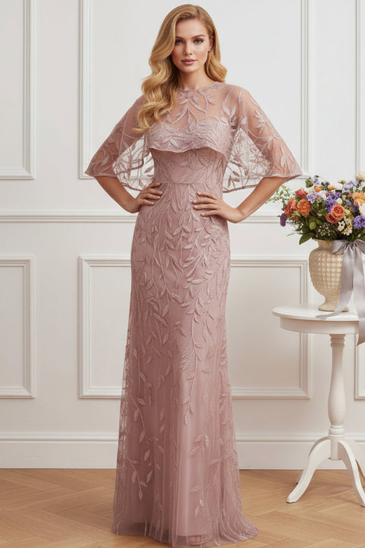 Sequined Leaf Sheath Evening Dress with Cape