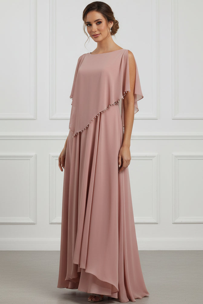 Pearl-Trim Cape Chiffon A-Line Gown