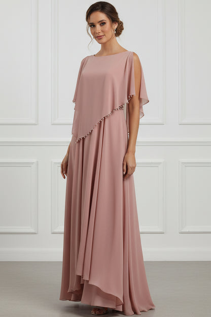 Pearl-Trim Cape Chiffon A-Line Gown