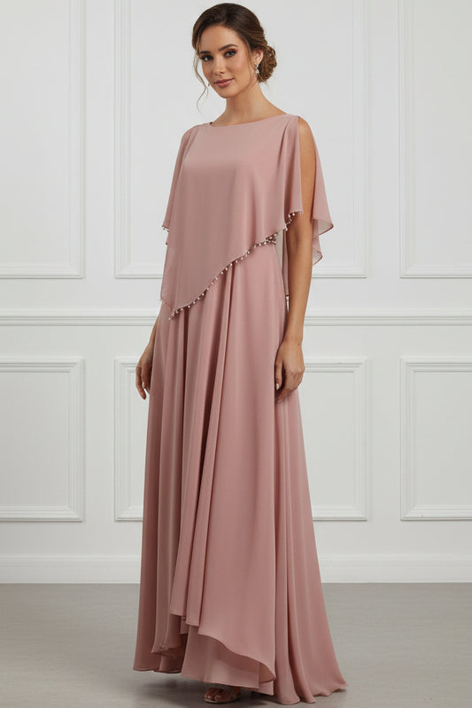 Pearl-Trim Cape Chiffon A-Line Gown