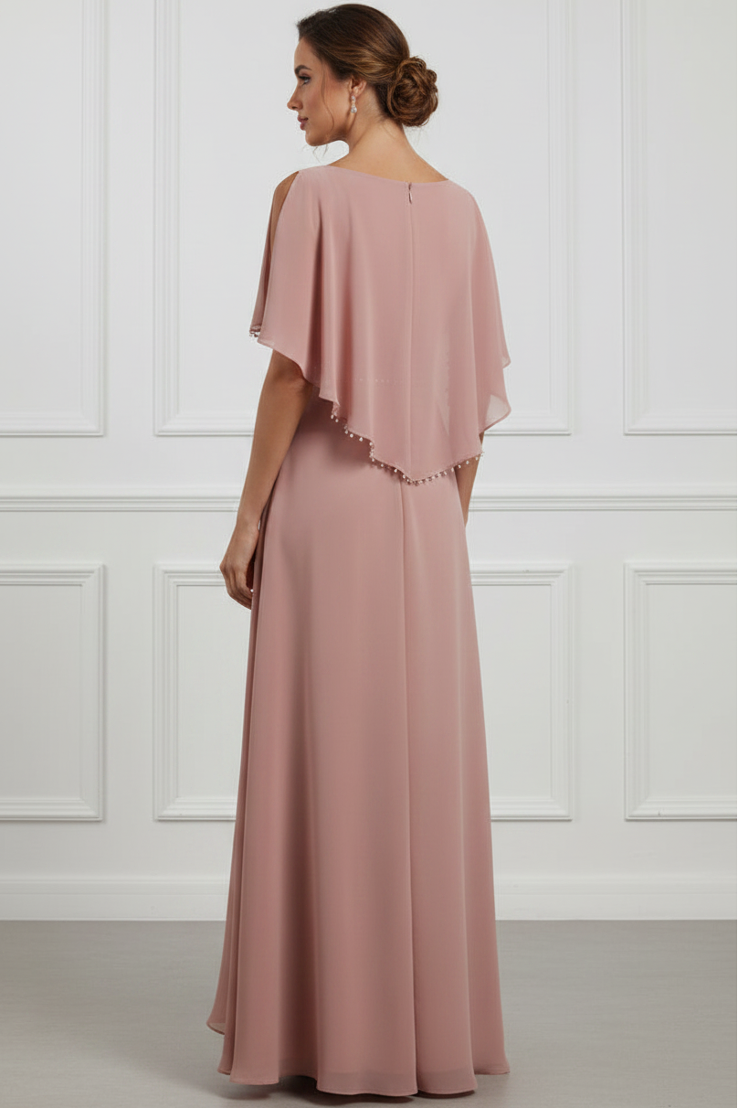 Pearl-Trim Cape Chiffon A-Line Gown