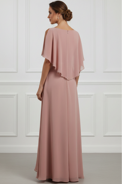 Pearl-Trim Cape Chiffon A-Line Gown