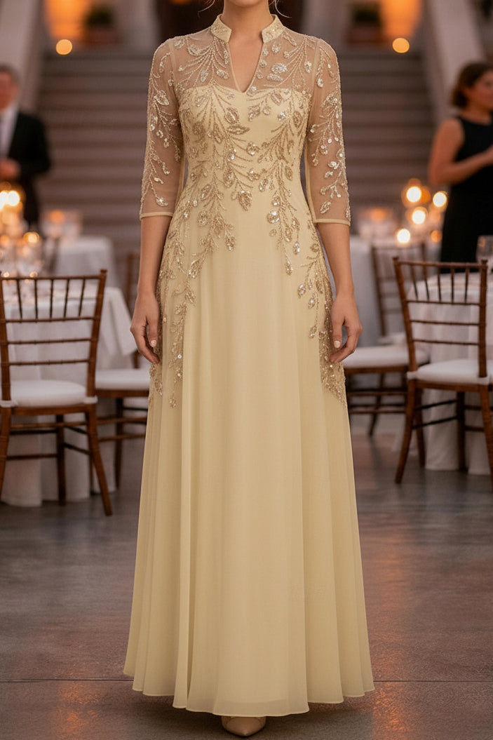 Sequin Illusion Sleeve A-Line Formal Evening Dress