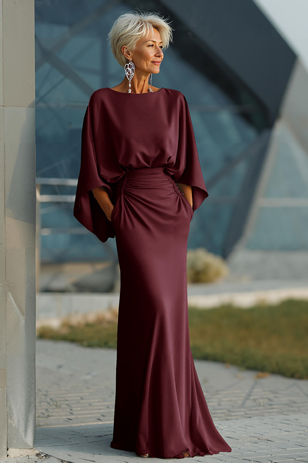 Elegant Ruched Evening Gown with Cape Sleeves