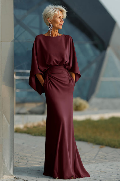 Elegant Ruched Evening Gown with Cape Sleeves