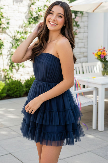 Strapless Ruched Tiered Tulle Mini Dress