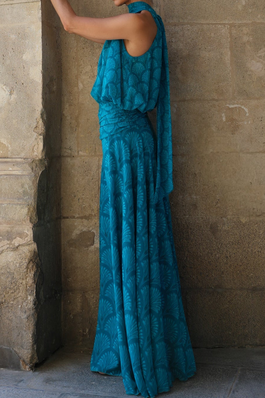 Halter Maxi Dress with Fan Print and Tied Waist