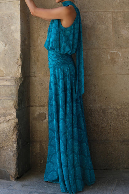Halter Maxi Dress with Fan Print and Tied Waist