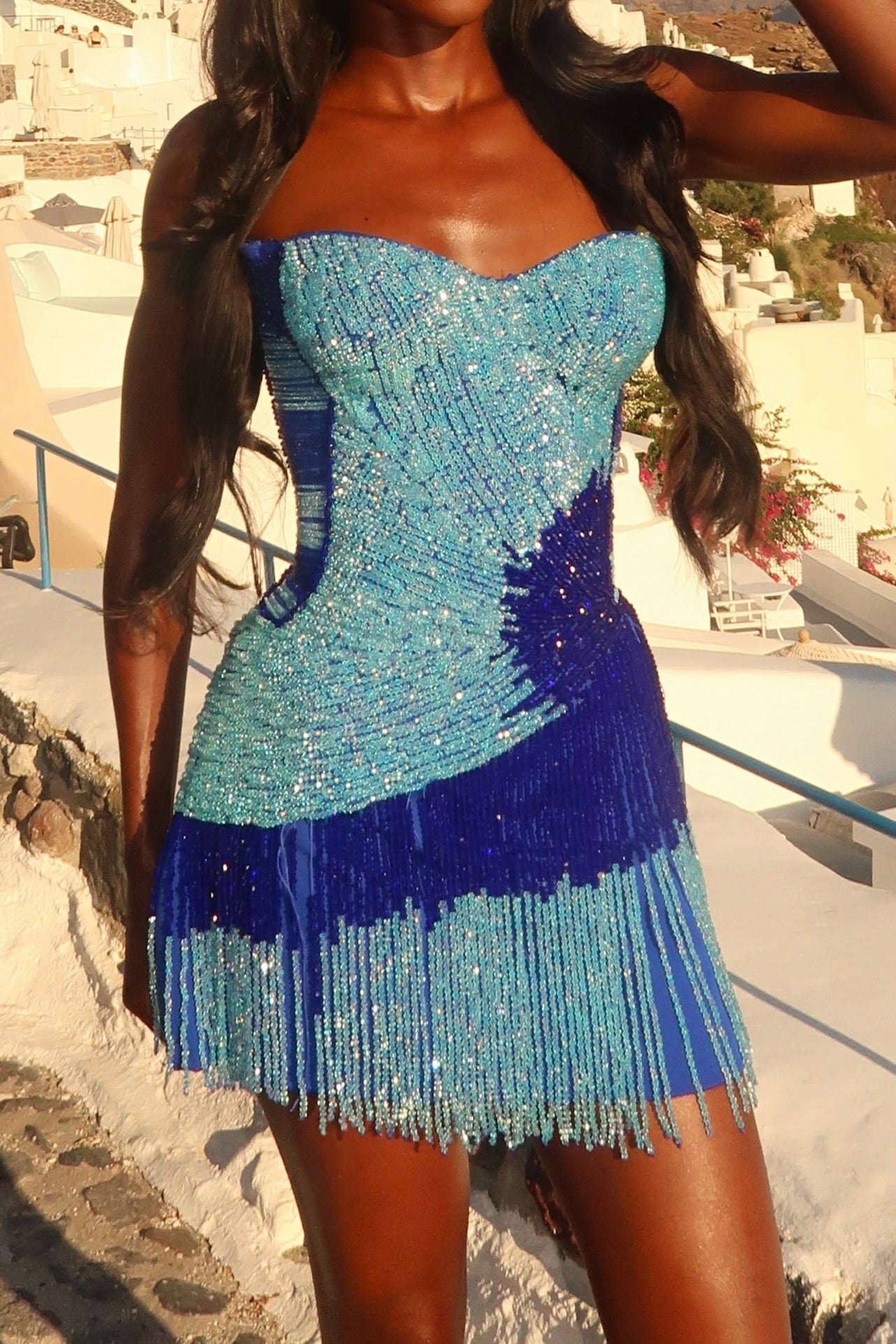 Strapless Beaded Fringe Corset Mini Dress