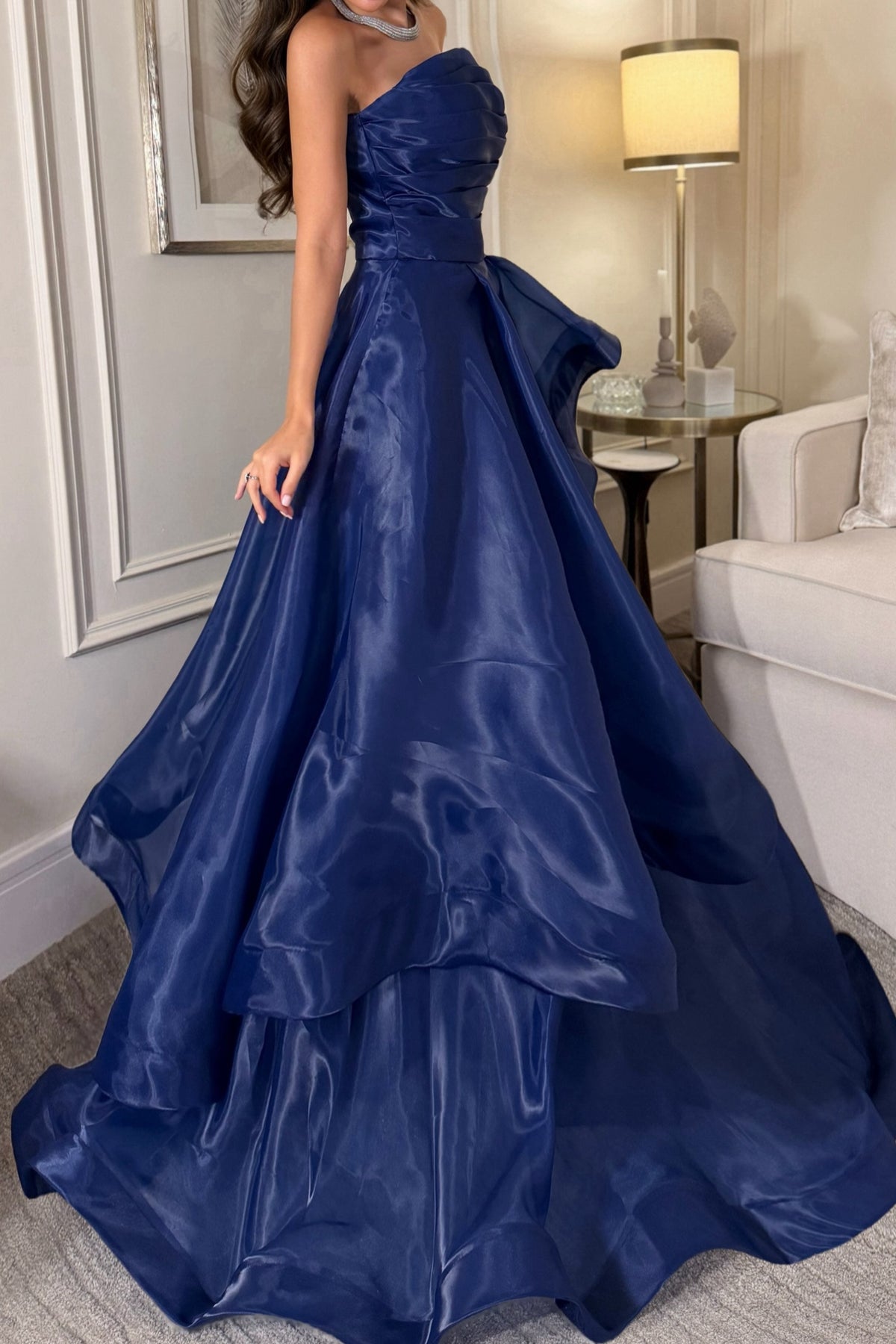 Strapless Ruched Gown with Tiered Ruffle Skirt