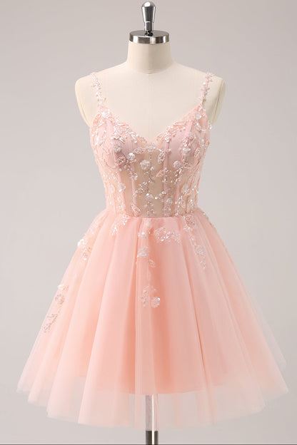 Floral Applique Short Homecoming Dress with Corset Back