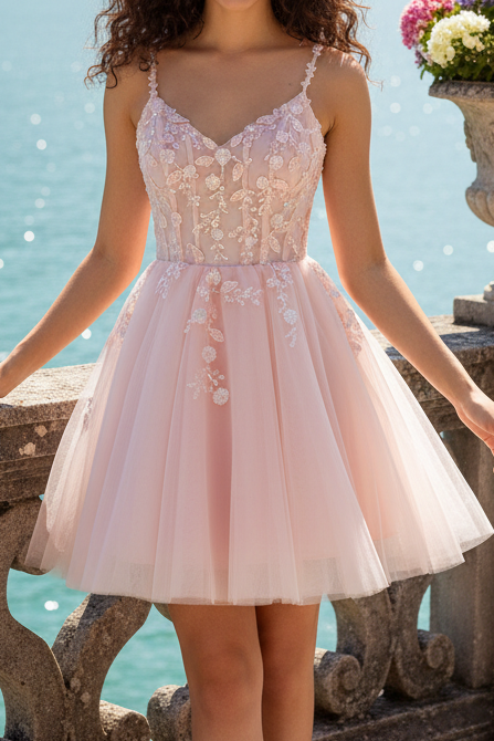 Floral Applique Short Homecoming Dress with Corset Back