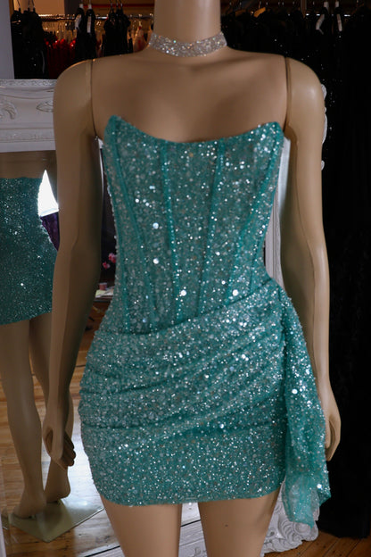 Strapless Corset Sequin Mini Dress with Side Draping