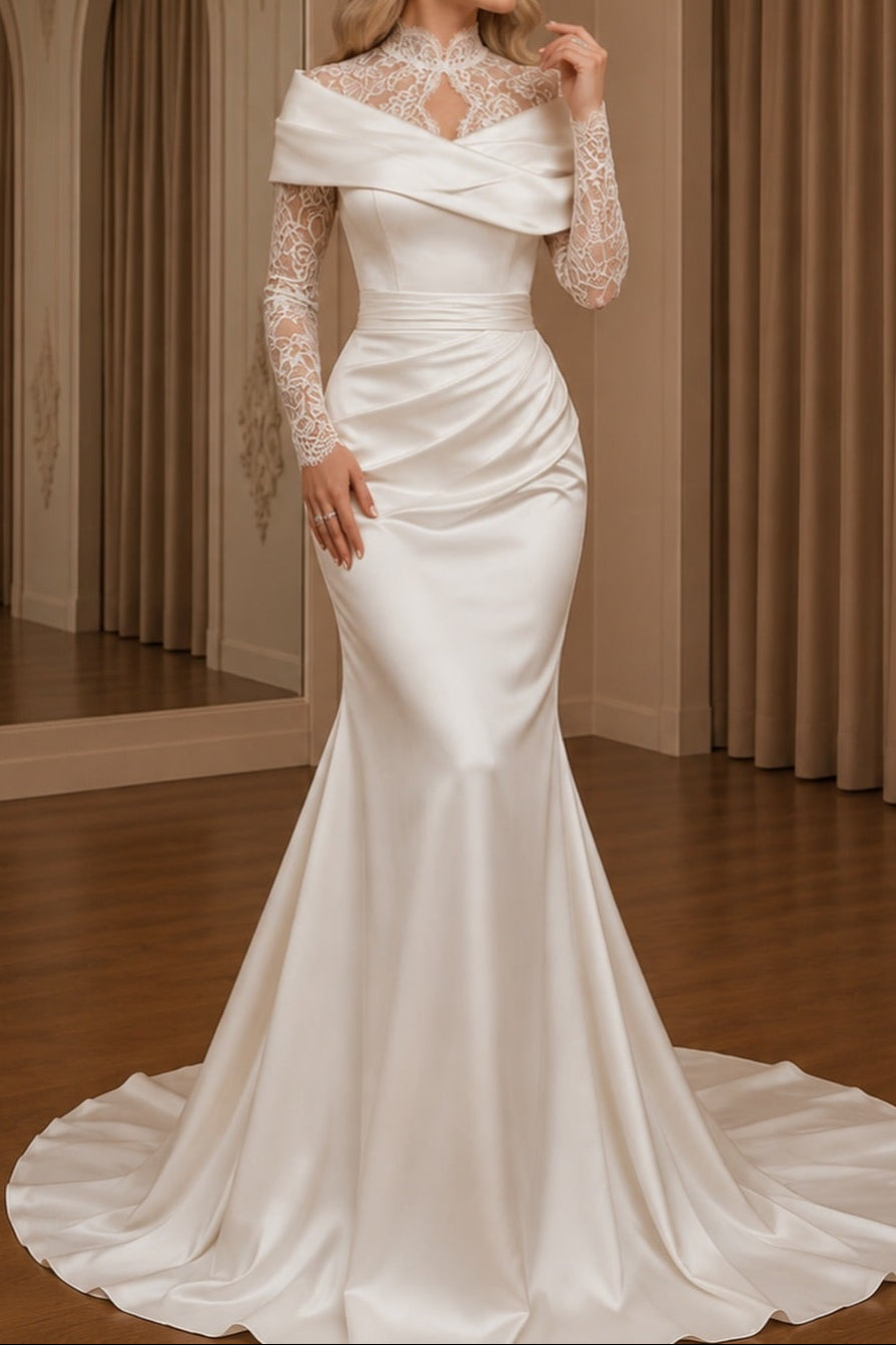 Off-Shoulder Wrap Bodice Mermaid Gown with Lace Sleeves