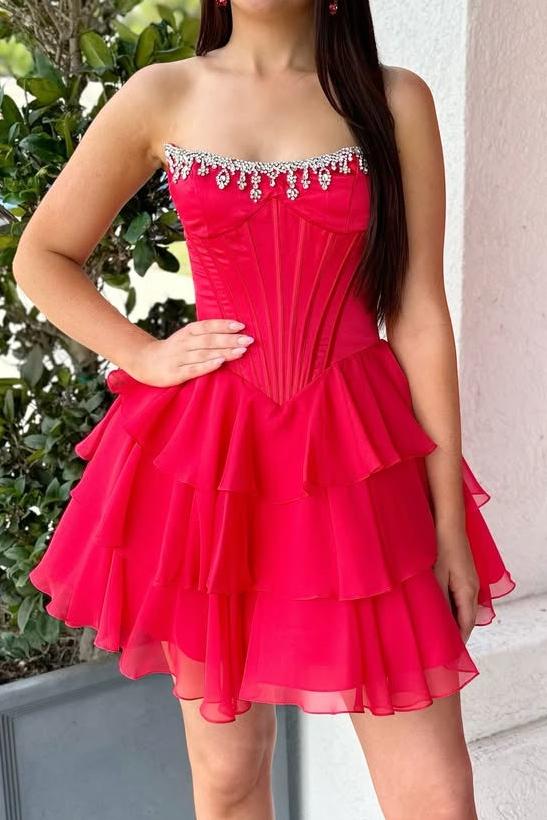 Strapless Rhinestone Corset Tiered Mini Dress