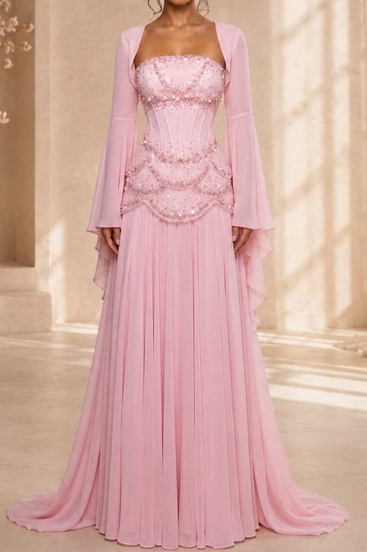 Beaded Corset Pleated Chiffon Gown with Bell Sleeves