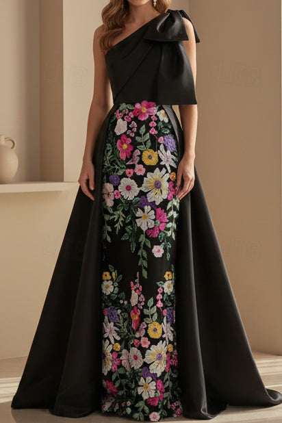 One Shoulder Bow Satin Gown with Floral Embroidered Skirt