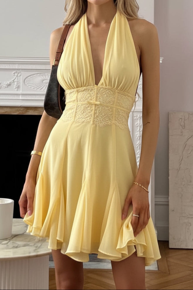 Chiffon Halter Mini Dress with Lace Waist