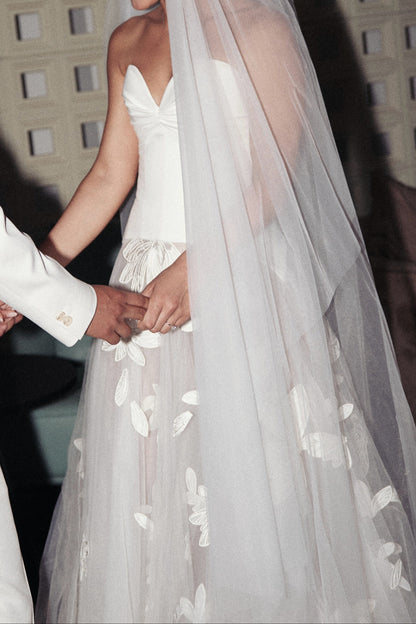 Strapless Sheer Tulle Bridal Gown with Floral Appliques