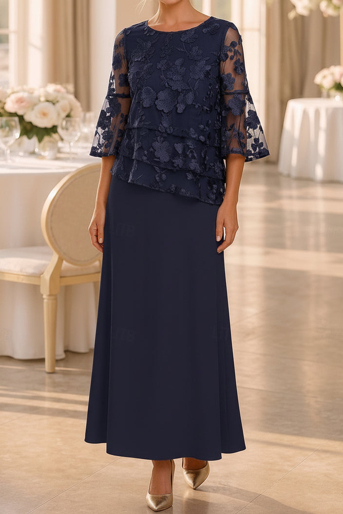 Floral Embroidered Bell-Sleeve A-Line Ankle-Length Dress